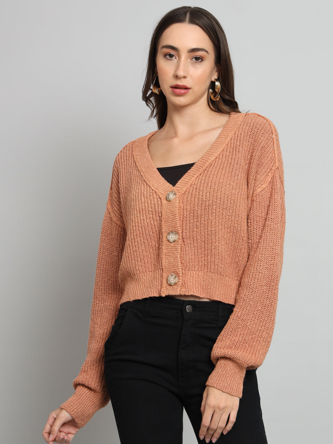 Women Brown V Neck Sweater