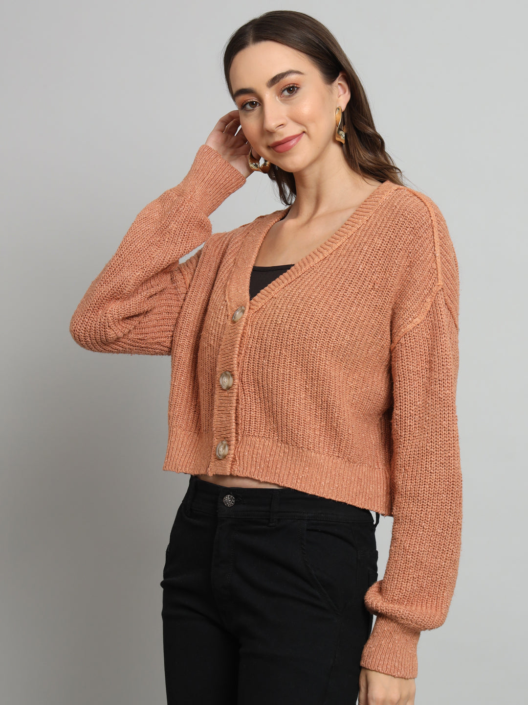 Women Brown V Neck Sweater