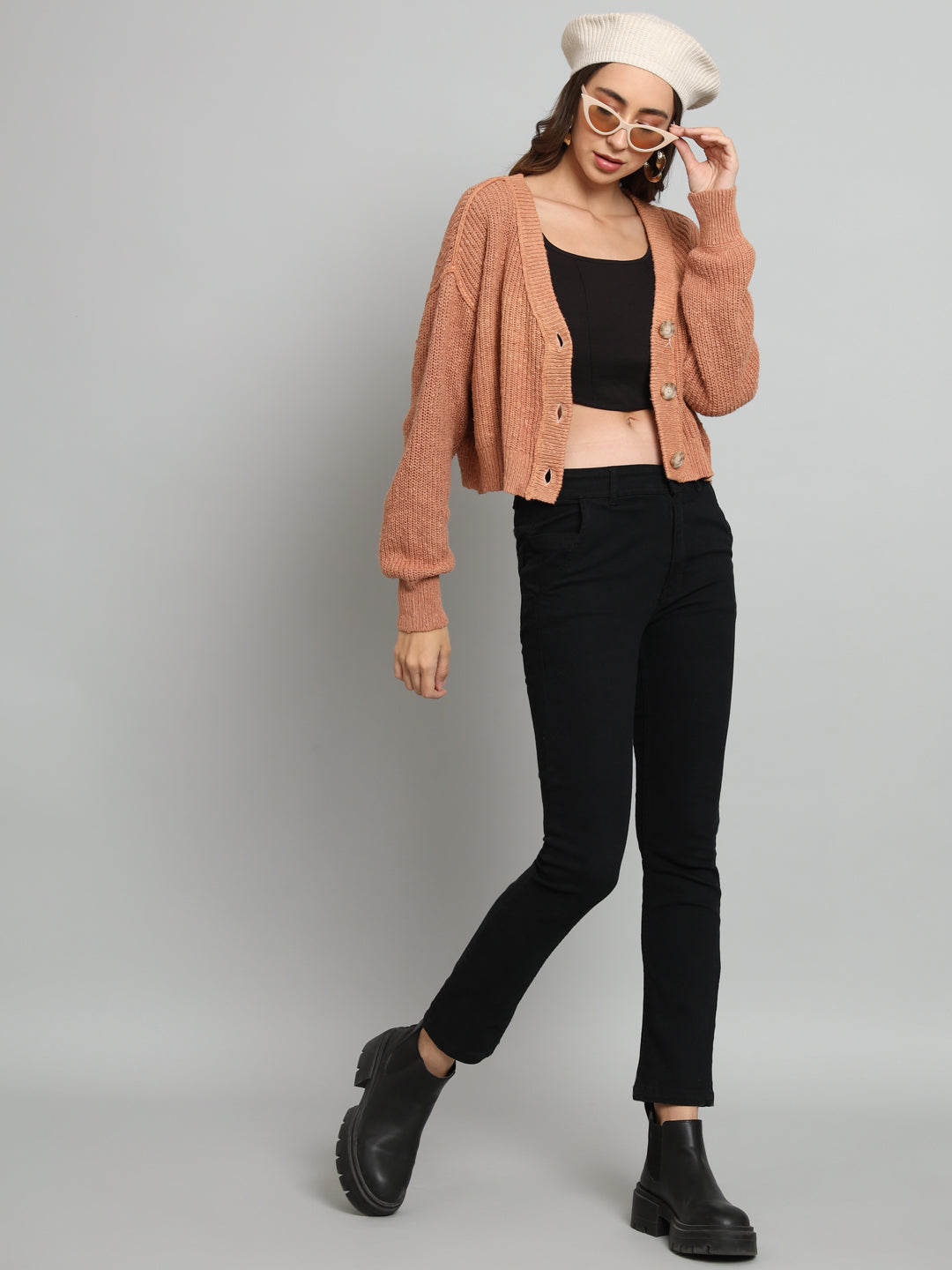 Women Brown V Neck Sweater