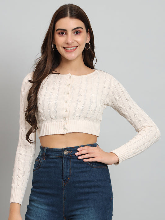 Women Off WHite Cable Knit Crop Sweater