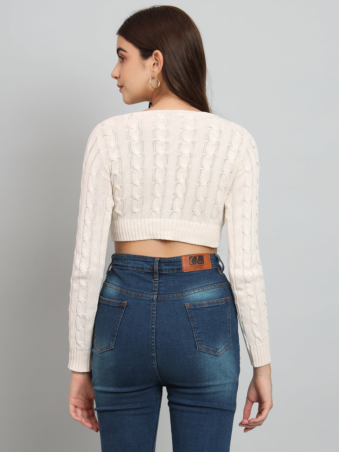 Women Off WHite Cable Knit Crop Sweater