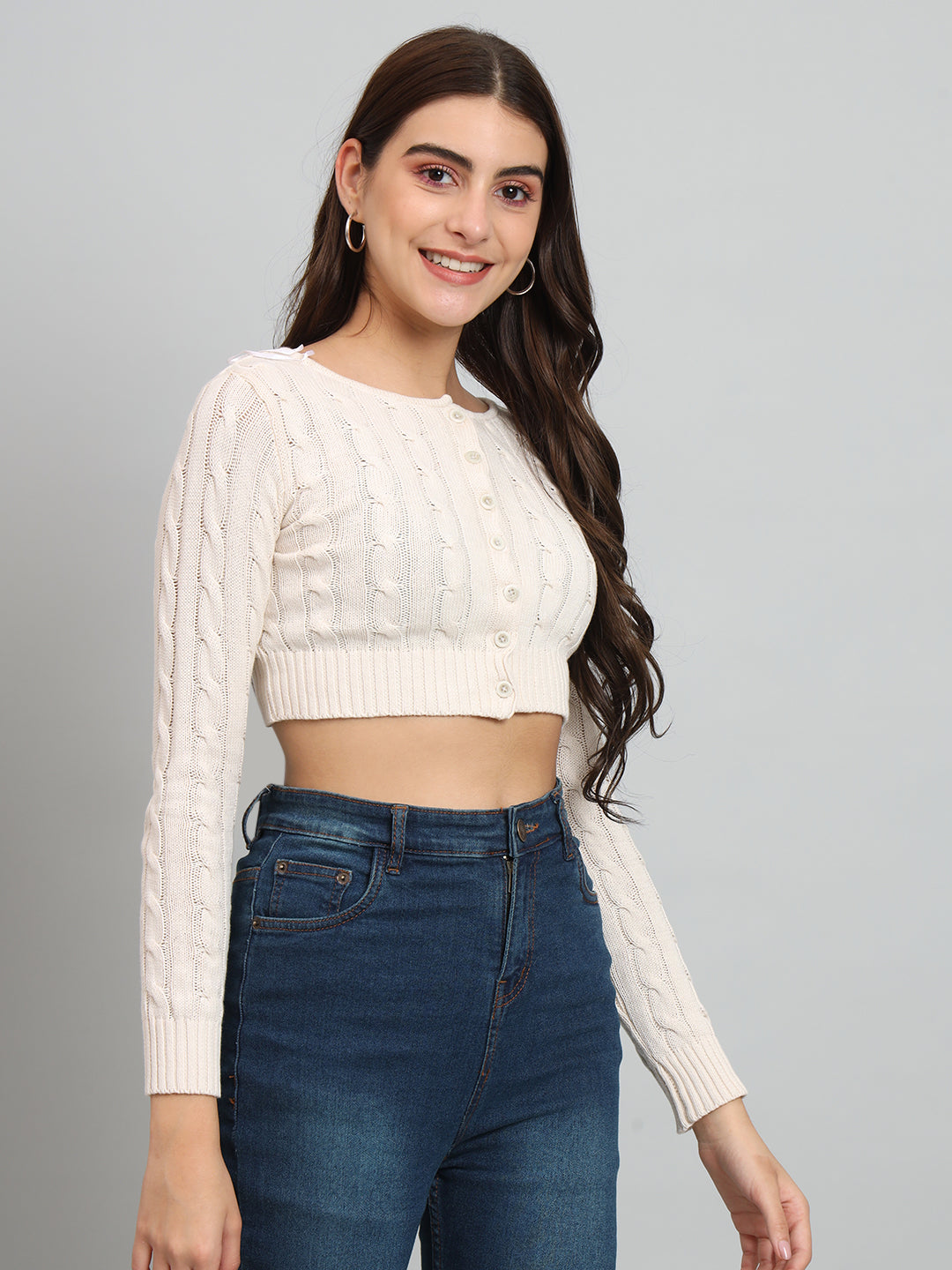 Women Off WHite Cable Knit Crop Sweater