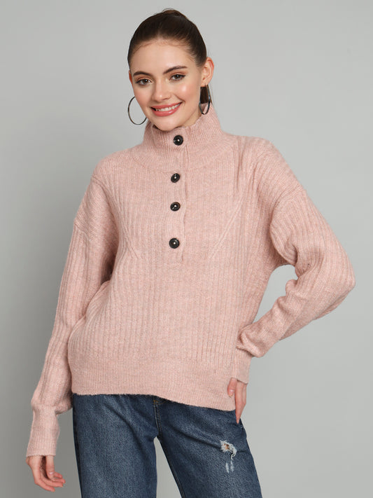 Pink Hi Neck Woollen Sweater