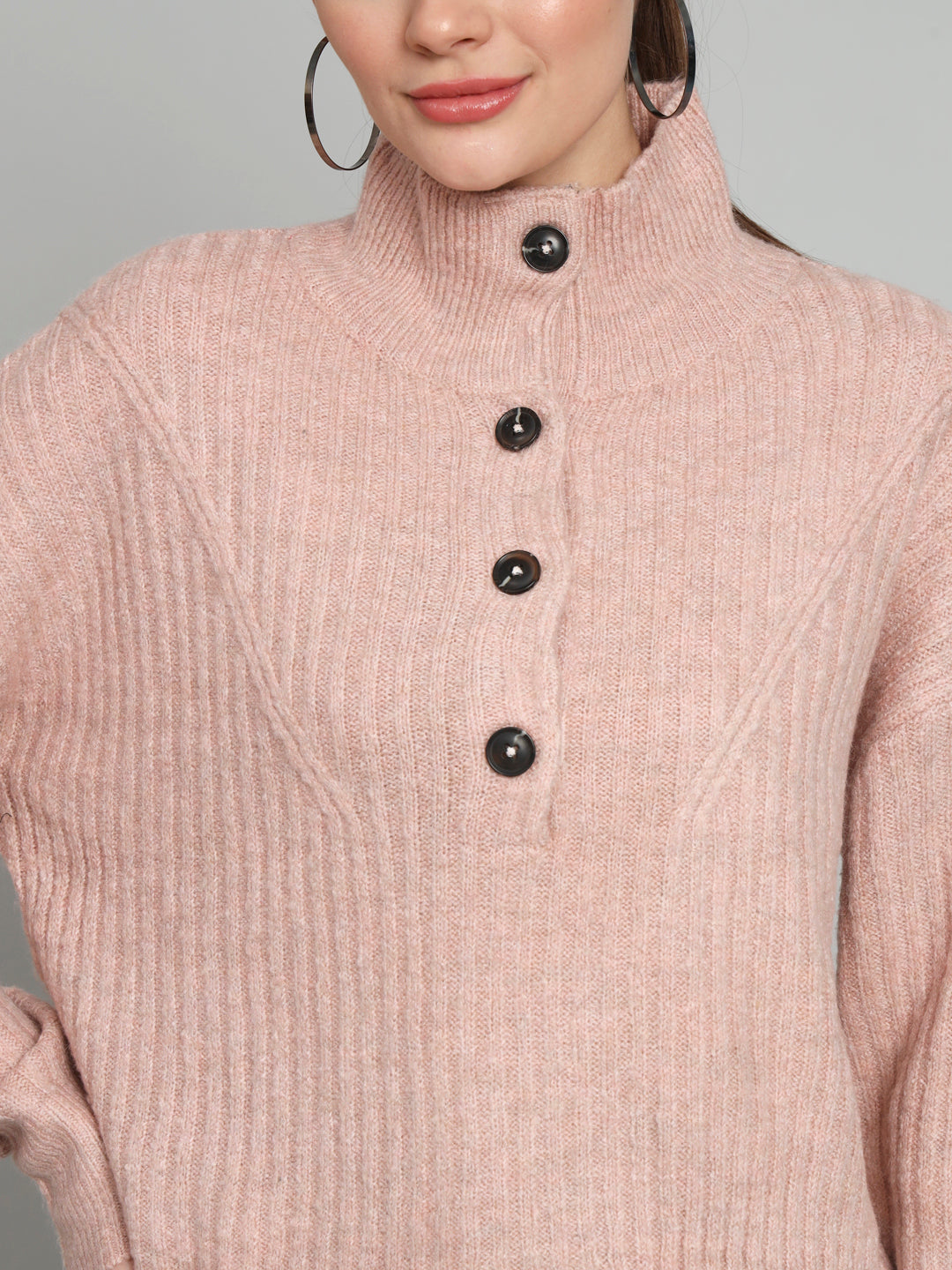 Pink Hi Neck Woollen Sweater