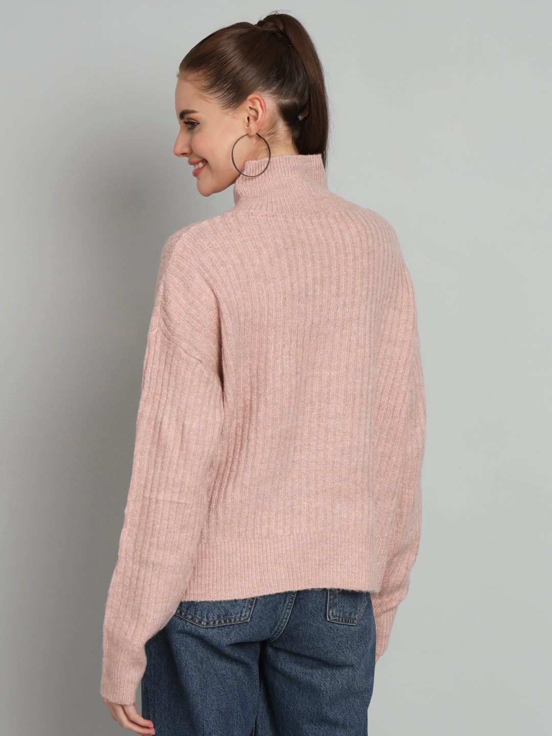 Pink Hi Neck Woollen Sweater