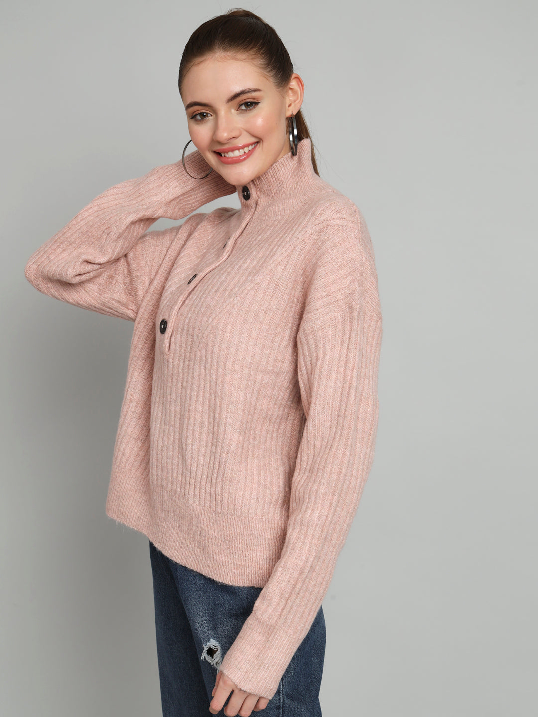 Pink Hi Neck Woollen Sweater