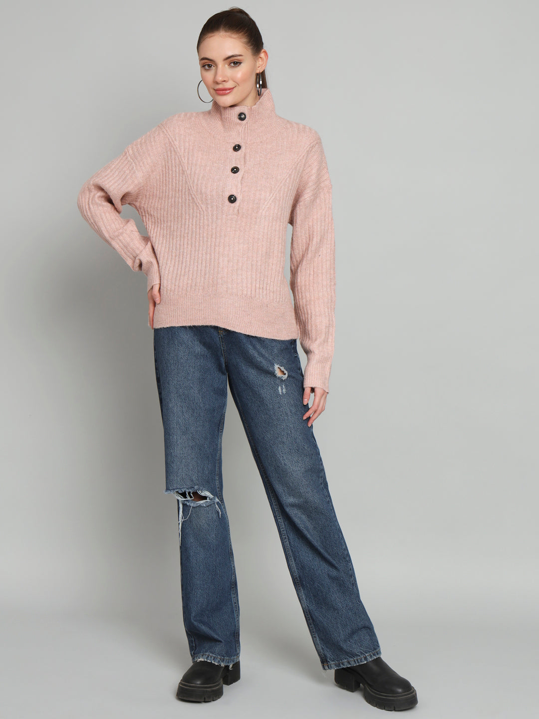 Pink Hi Neck Woollen Sweater