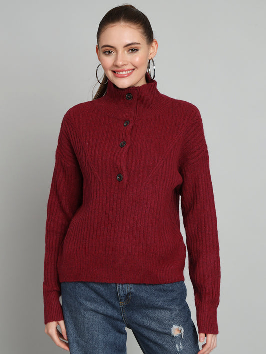 Maroon Woollen High Neck Woollen Pullover