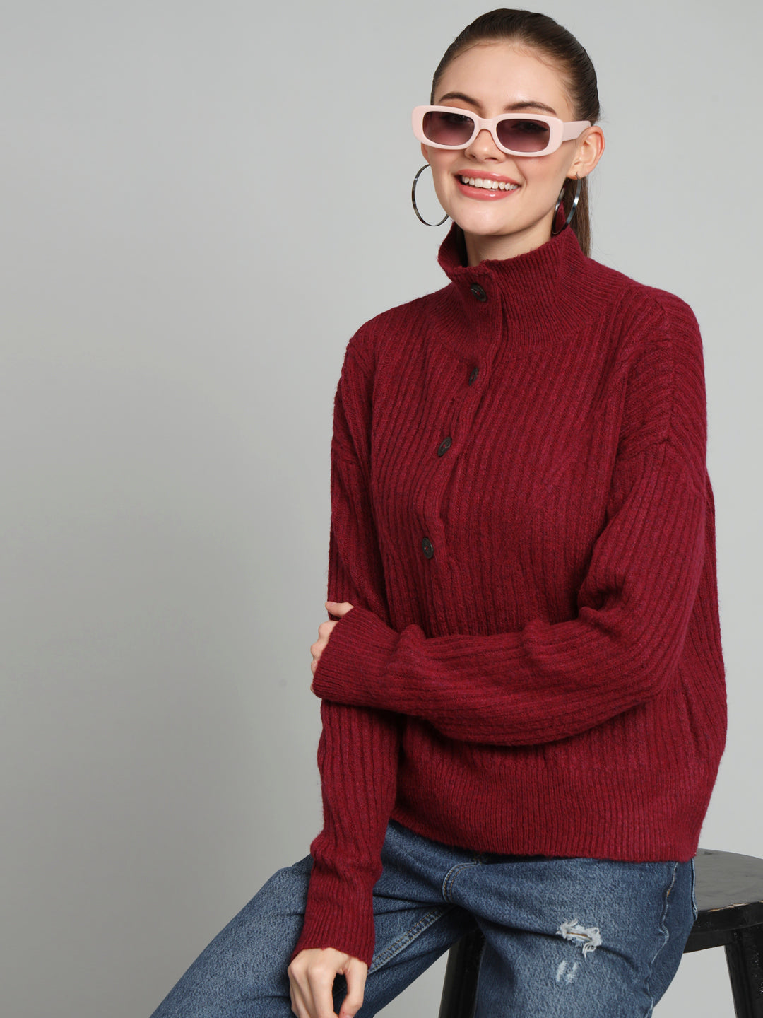 Maroon Woollen High Neck Woollen Pullover