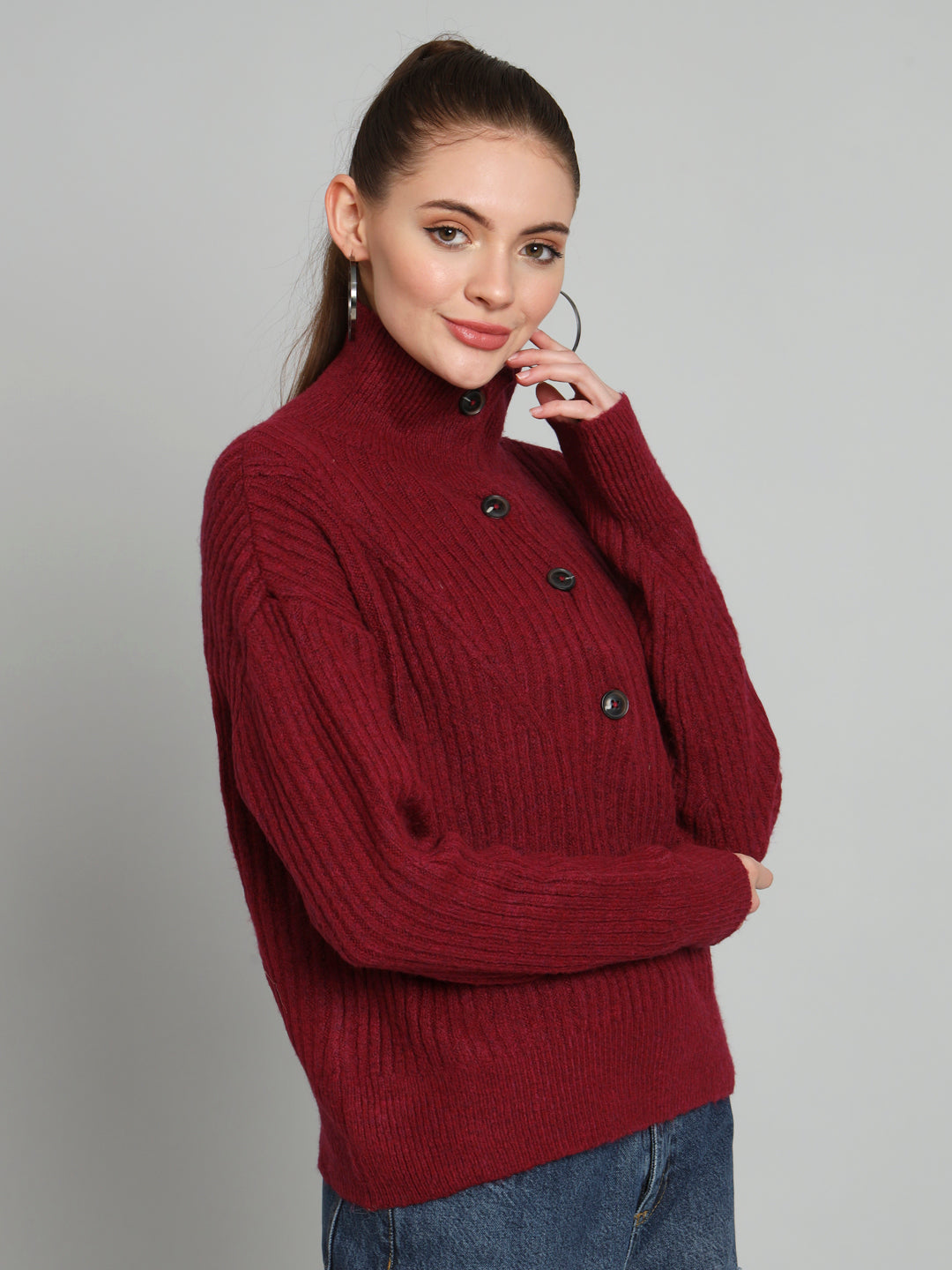 Maroon Woollen High Neck Woollen Pullover