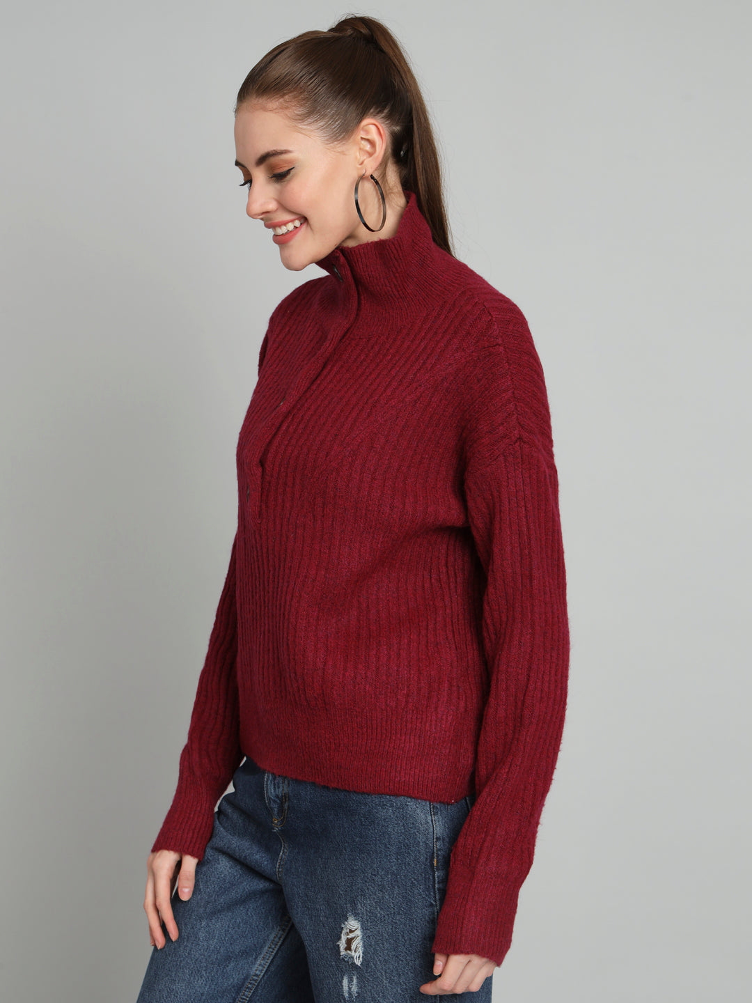 Maroon Woollen High Neck Woollen Pullover