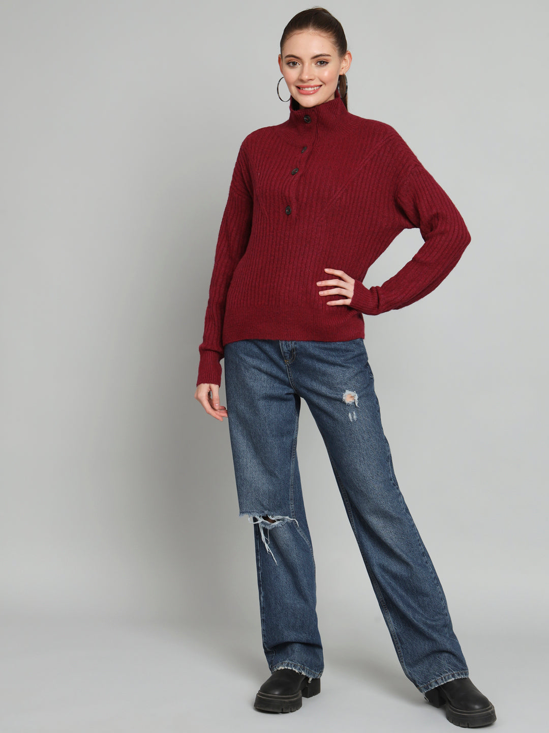 Maroon Woollen High Neck Woollen Pullover