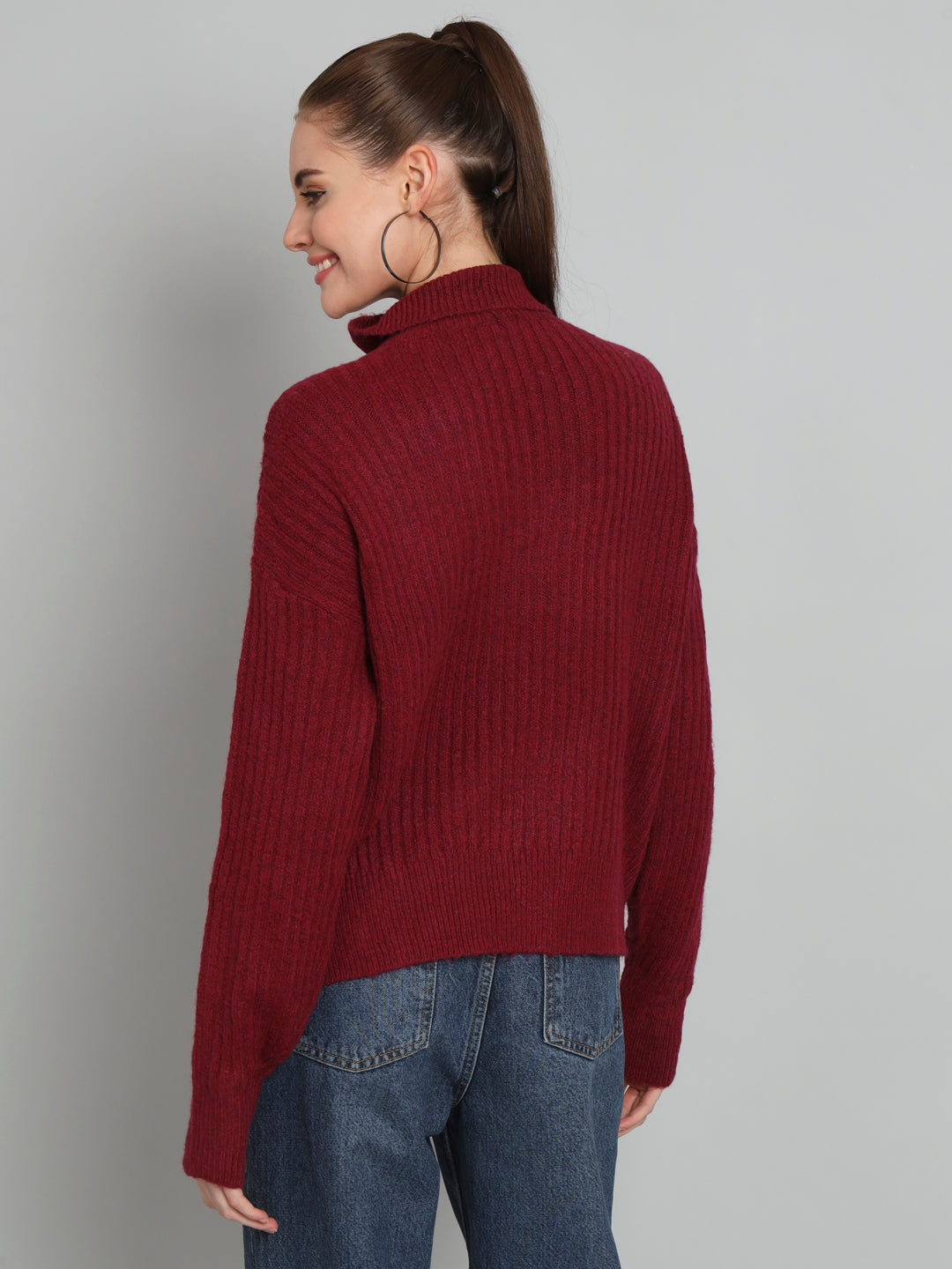 Maroon Woollen High Neck Woollen Pullover