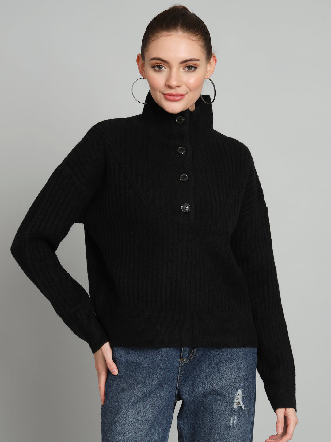 Broowl Black High Neck Woollen Pullover