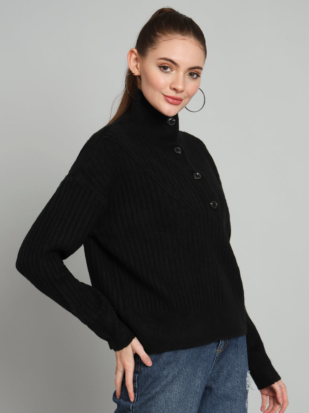 Broowl Black High Neck Woollen Pullover