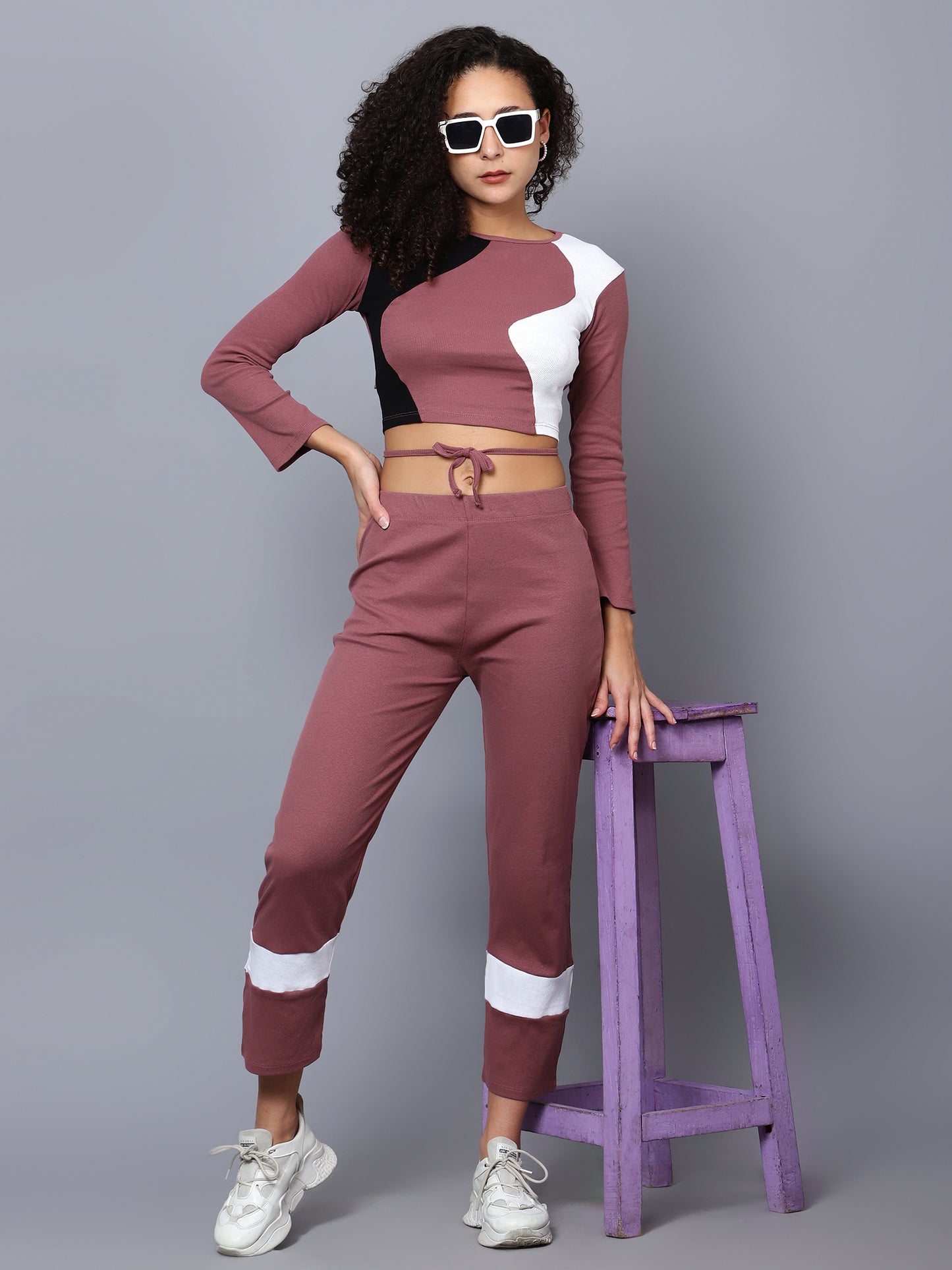 Colourblocked Round Neck Top with Trouser Coord set