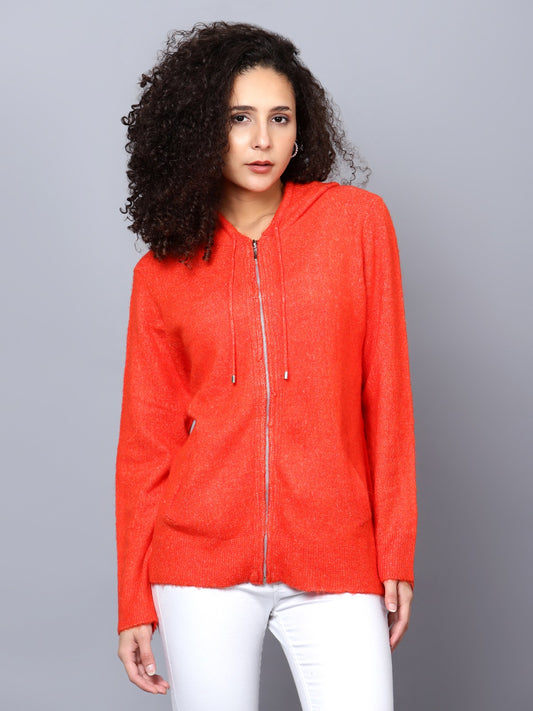 Orange Woollen Hooded Pullover