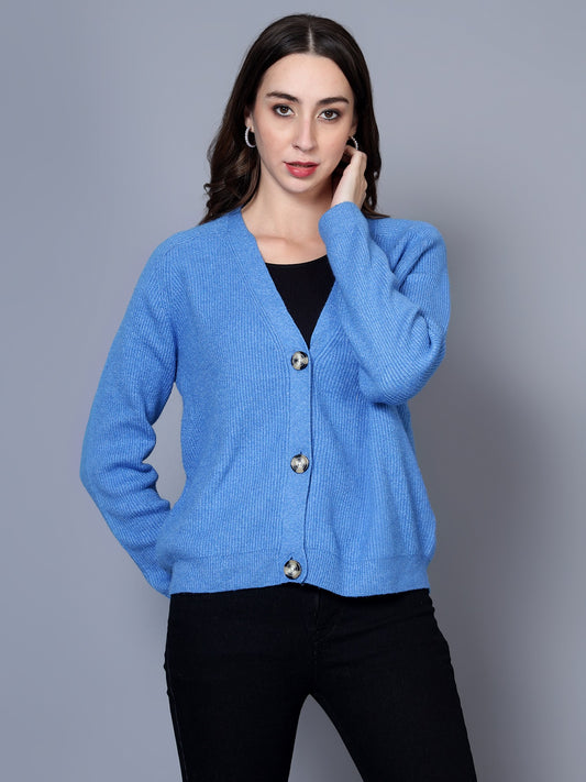 BROOWL Women's Blue V-Neck Sweater