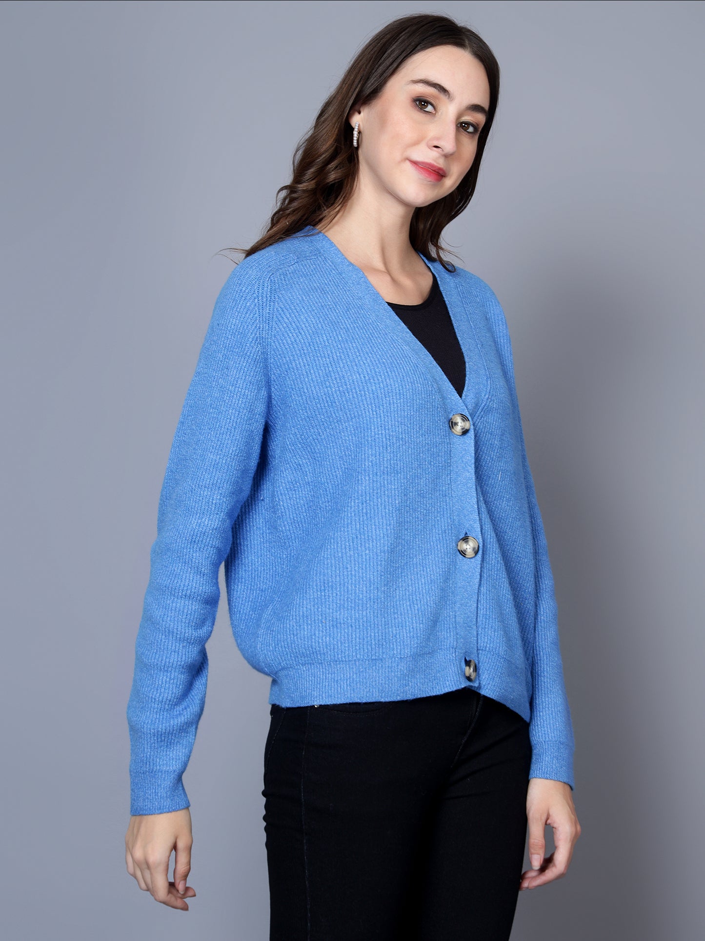 BROOWL Women's Blue V-Neck Sweater