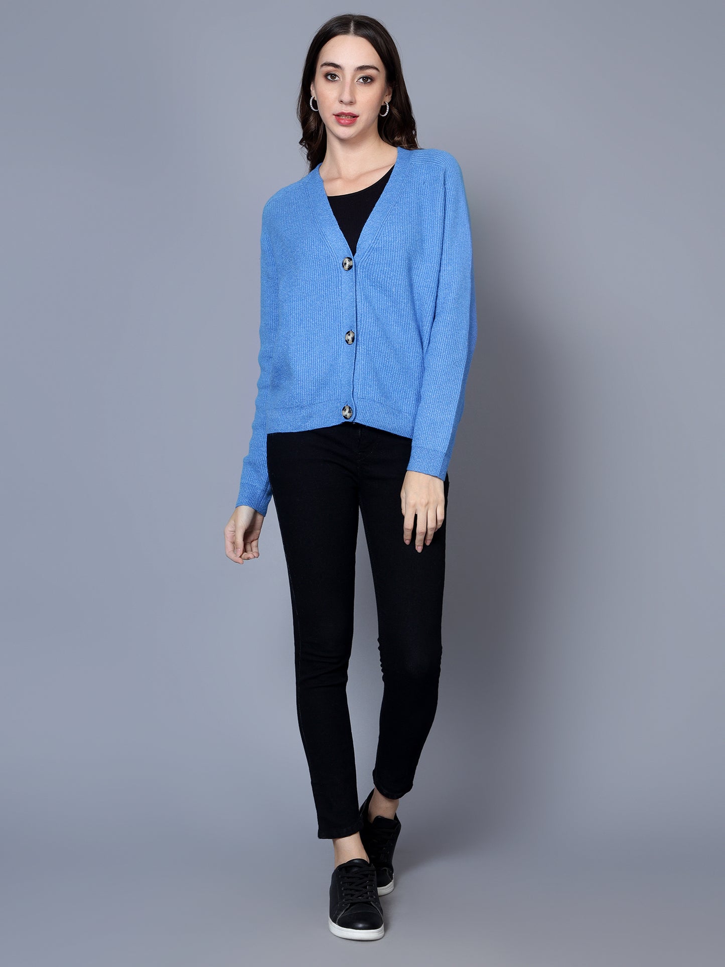 BROOWL Women's Blue V-Neck Sweater