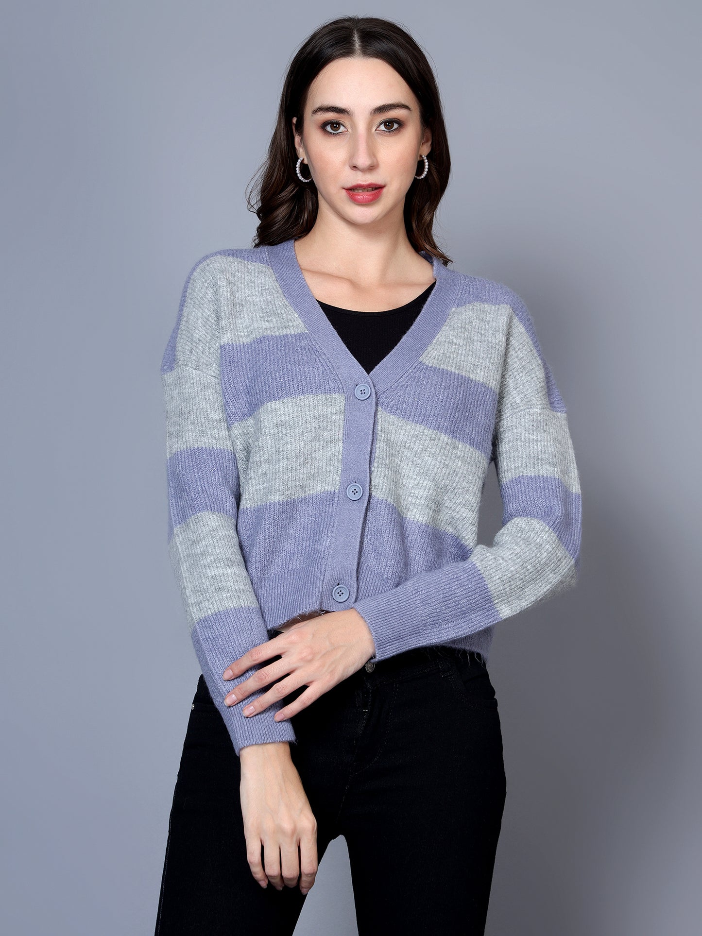 BROOWL Women's V-Neck Striped Woollen Sweater