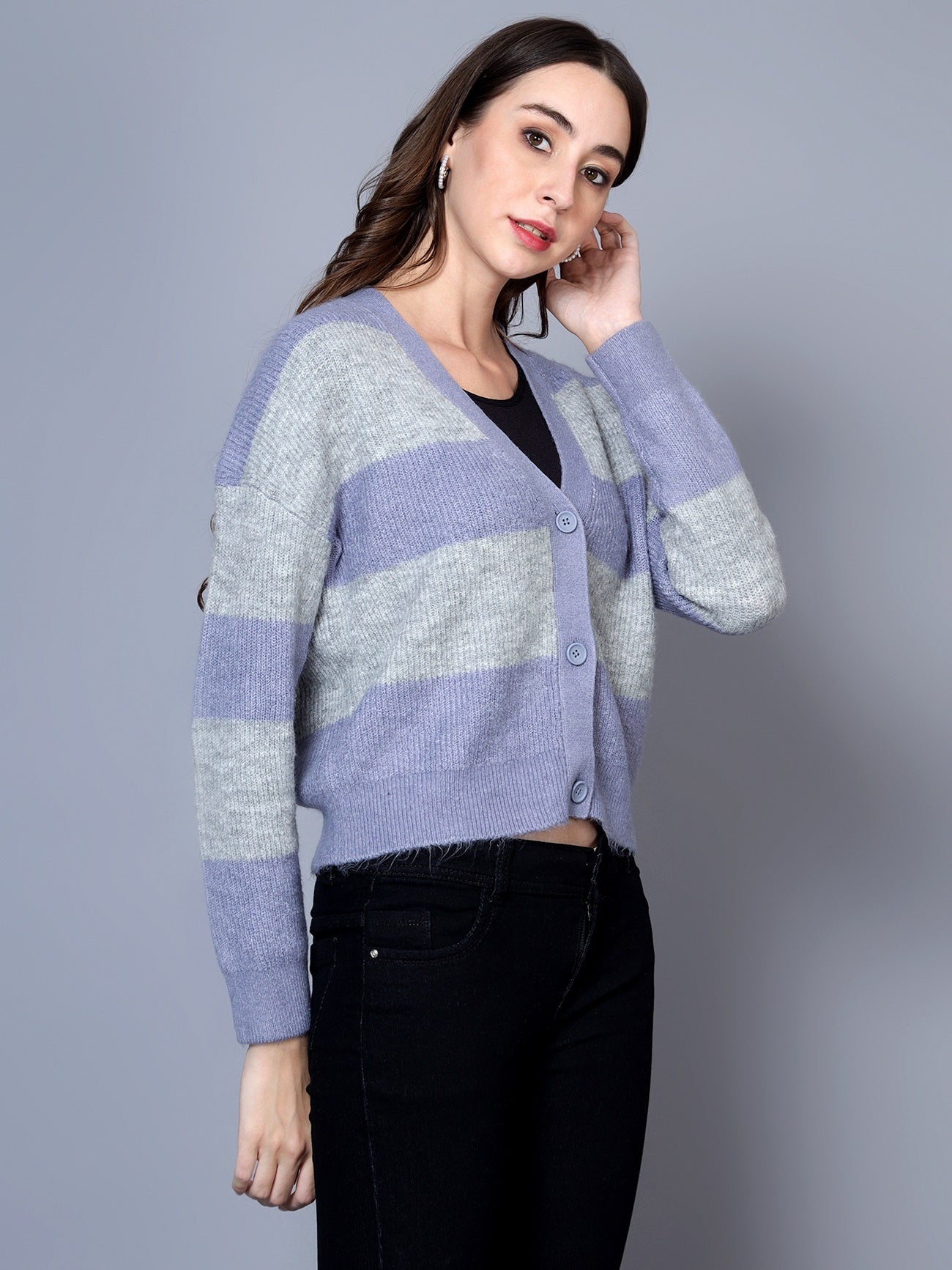 BROOWL Women's V-Neck Striped Woollen Sweater