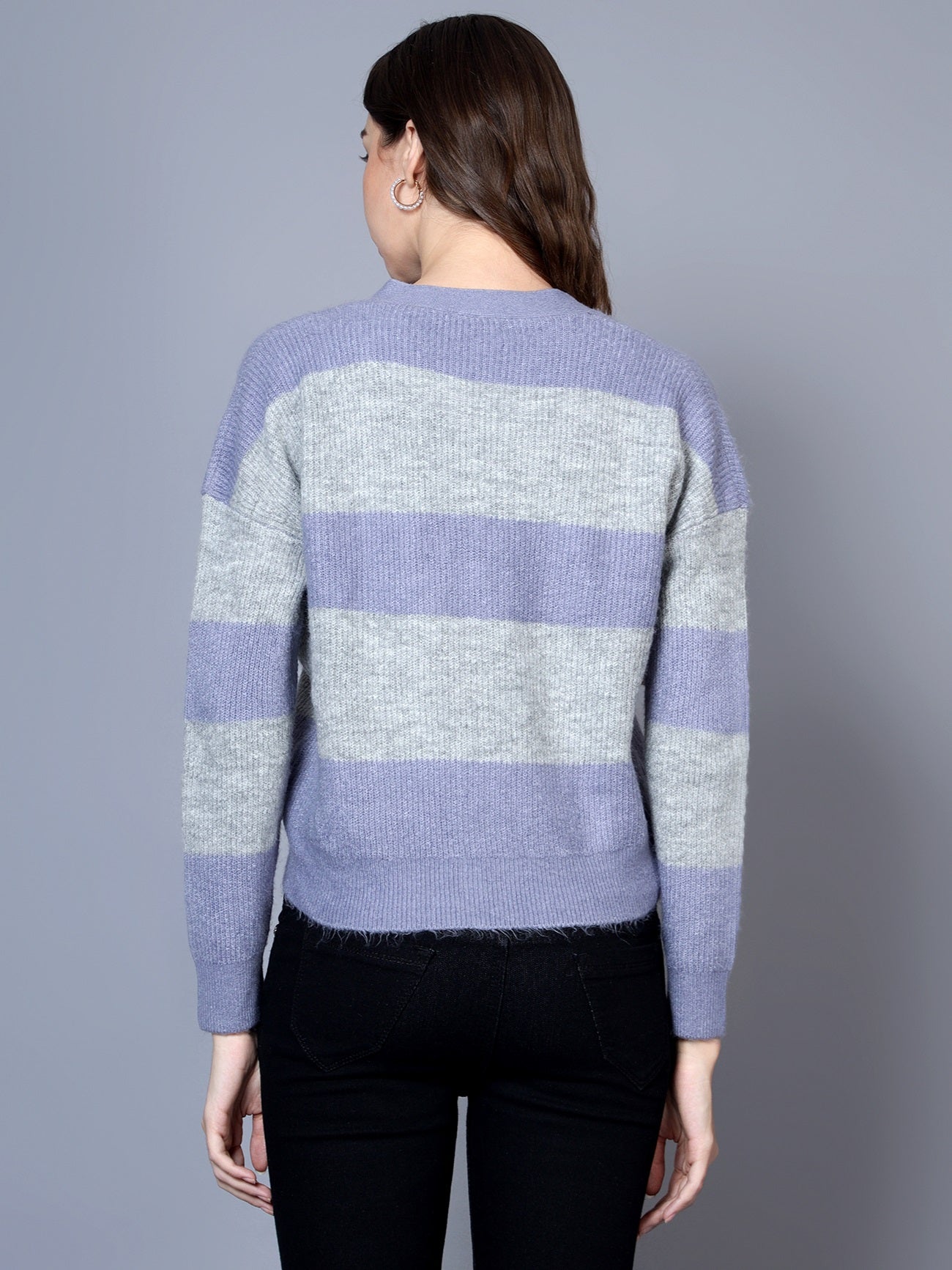 BROOWL Women's V-Neck Striped Woollen Sweater