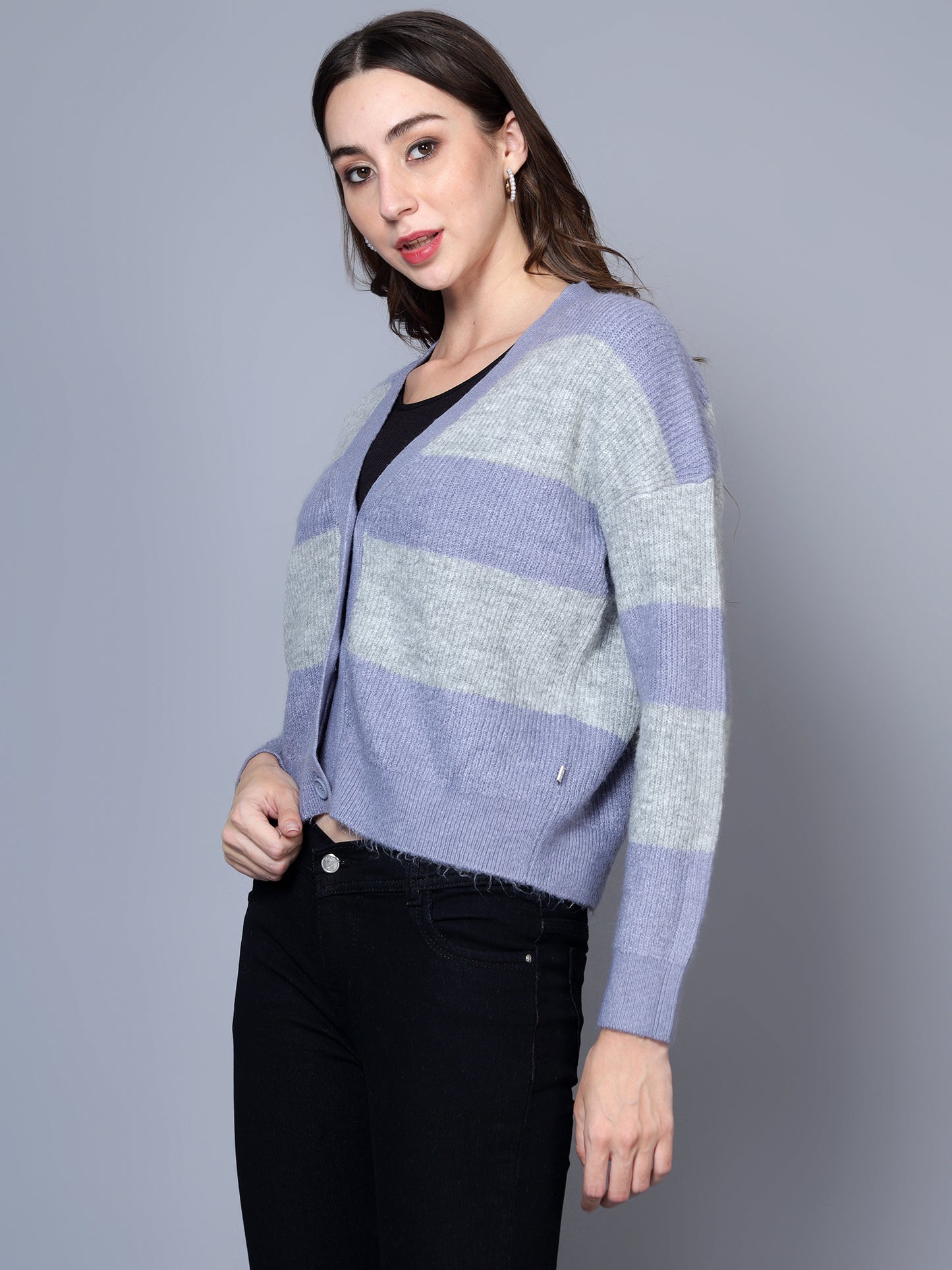 BROOWL Women's V-Neck Striped Woollen Sweater