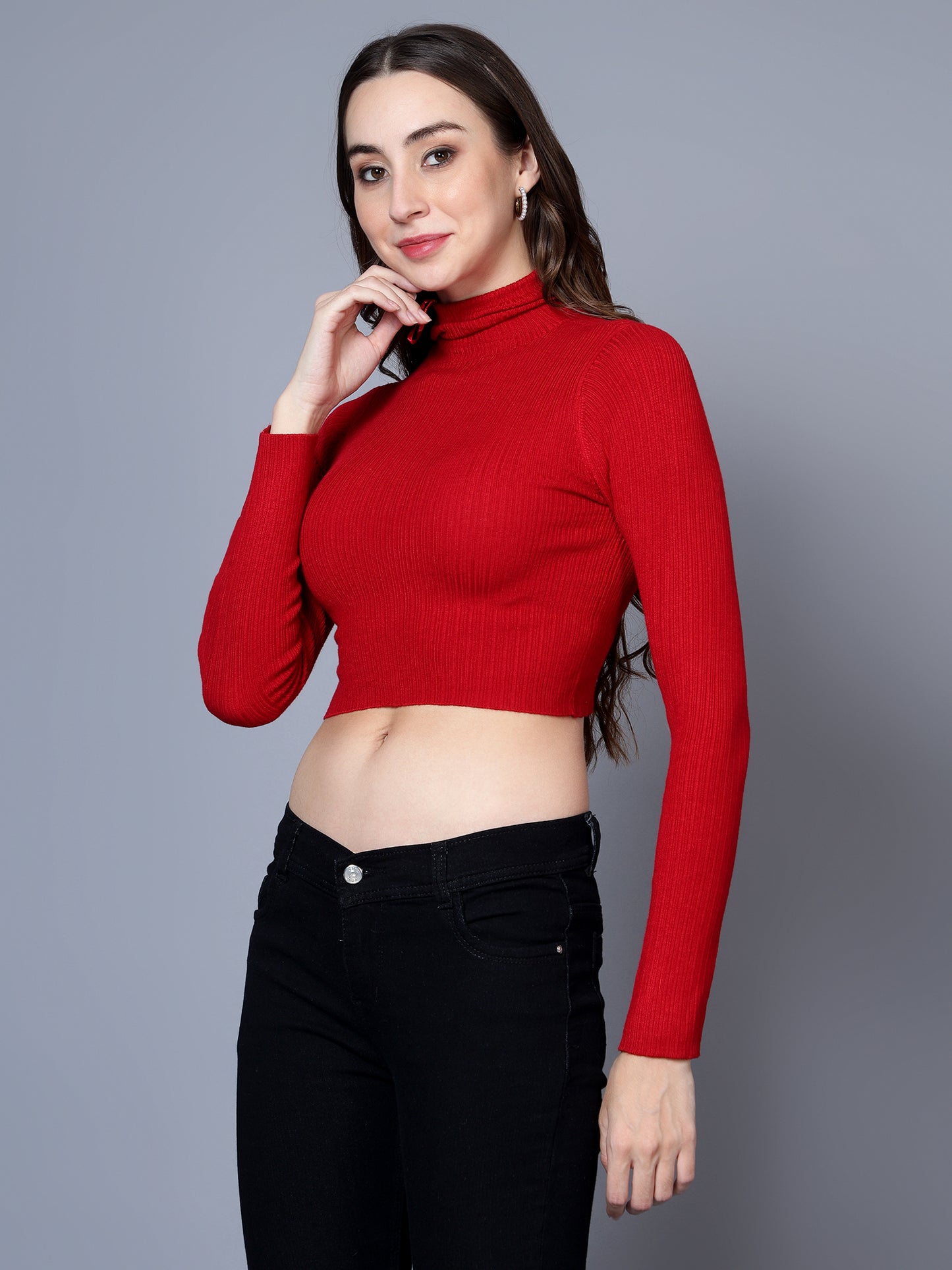 BROOWL Women's Solid Crop High Neck Sweater