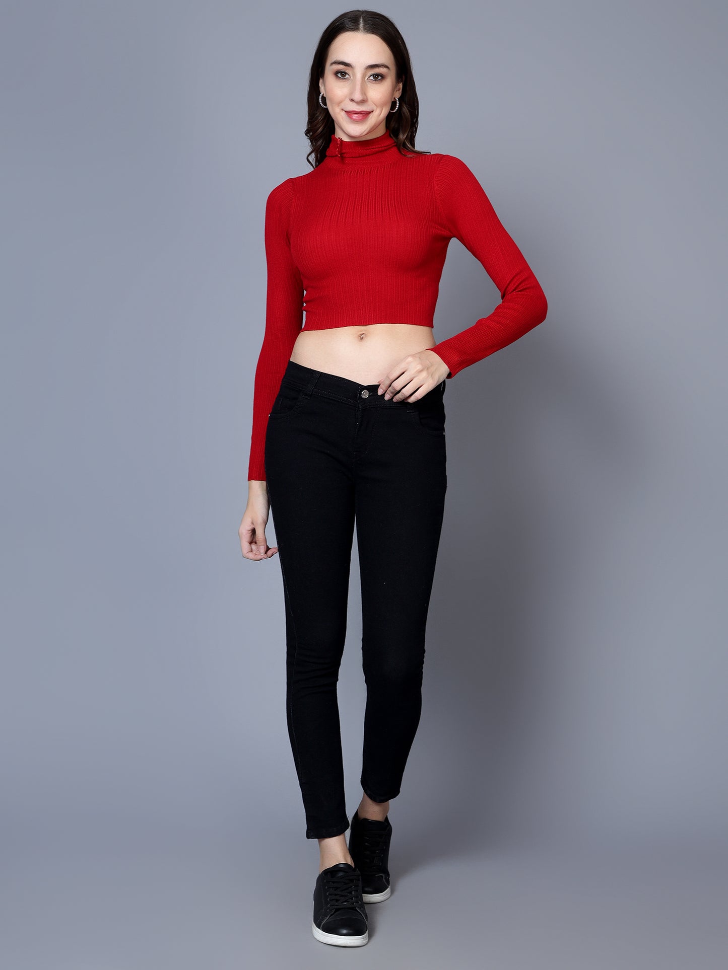 BROOWL Women's Solid Crop High Neck Sweater