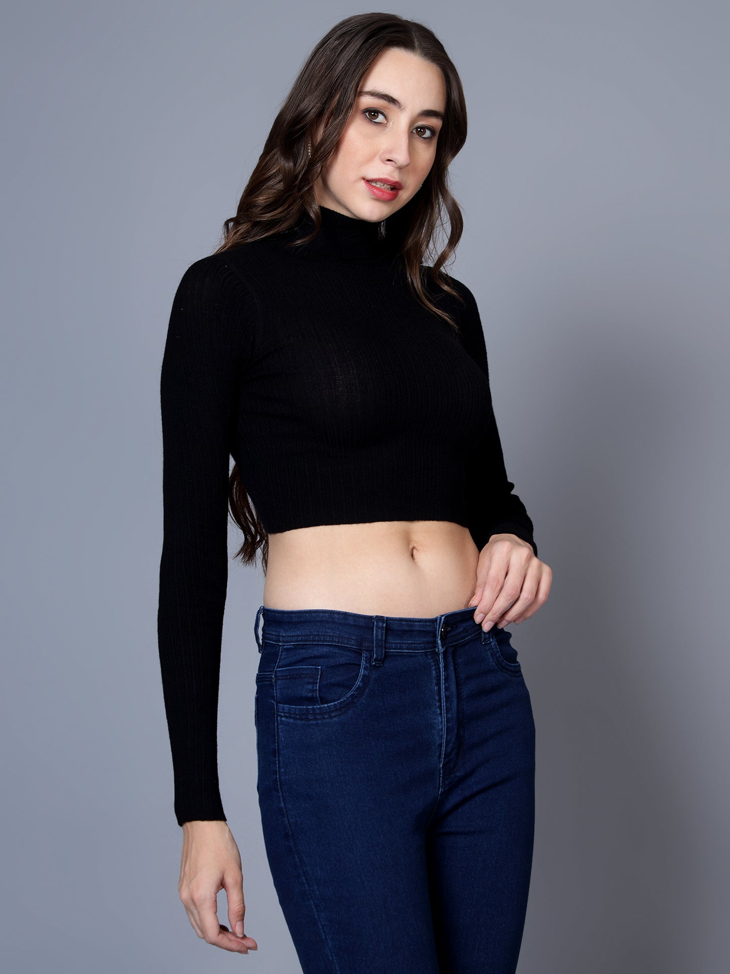 BROOWL Women's Solid Crop High Neck Sweater