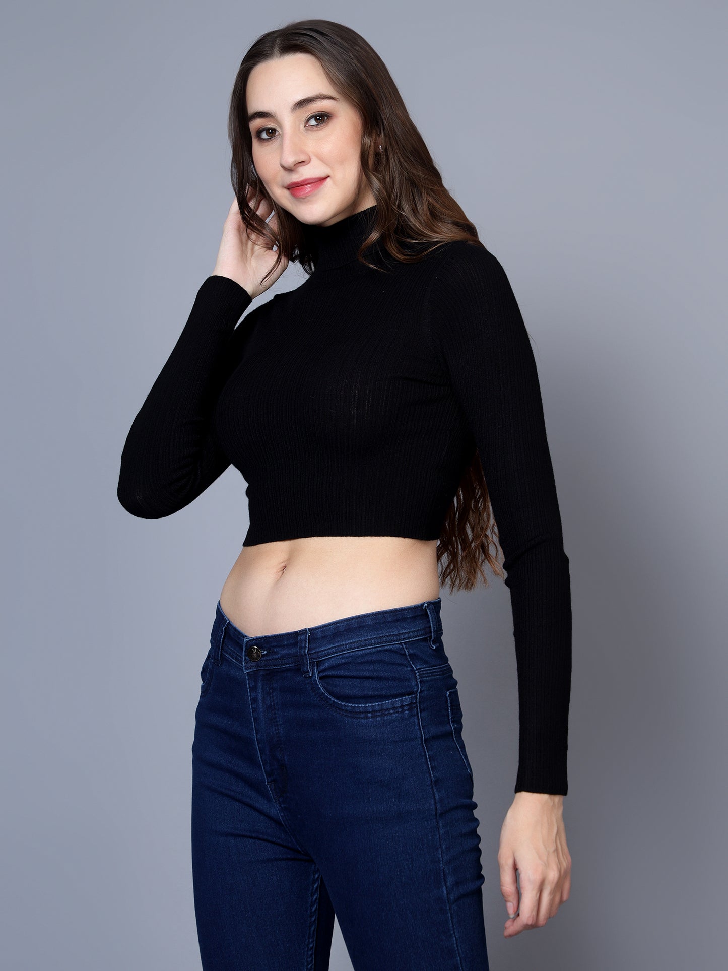 BROOWL Women's Solid Crop High Neck Sweater