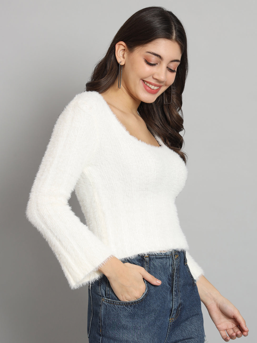 BRROOWL Women's Round Neck Fur Sweater