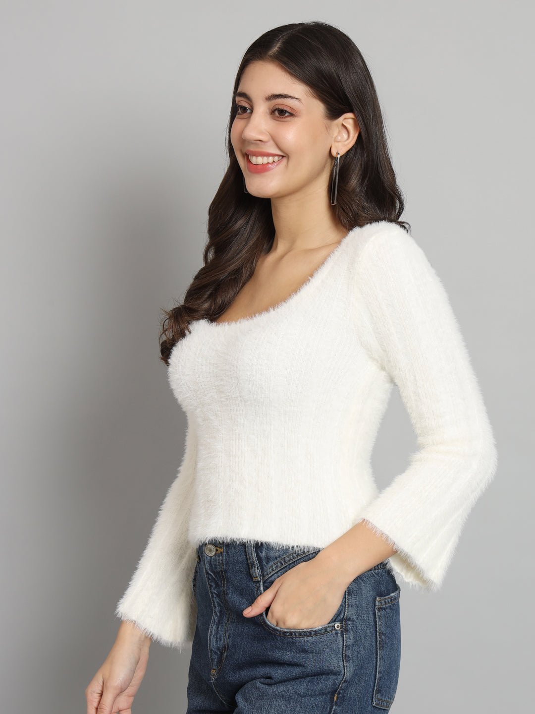 BRROOWL Women's Round Neck Fur Sweater