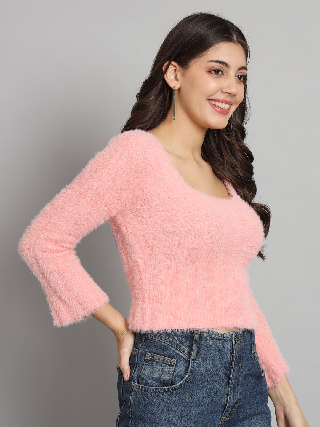 BROOWL Women's Peach Round Neck Fur Sweater