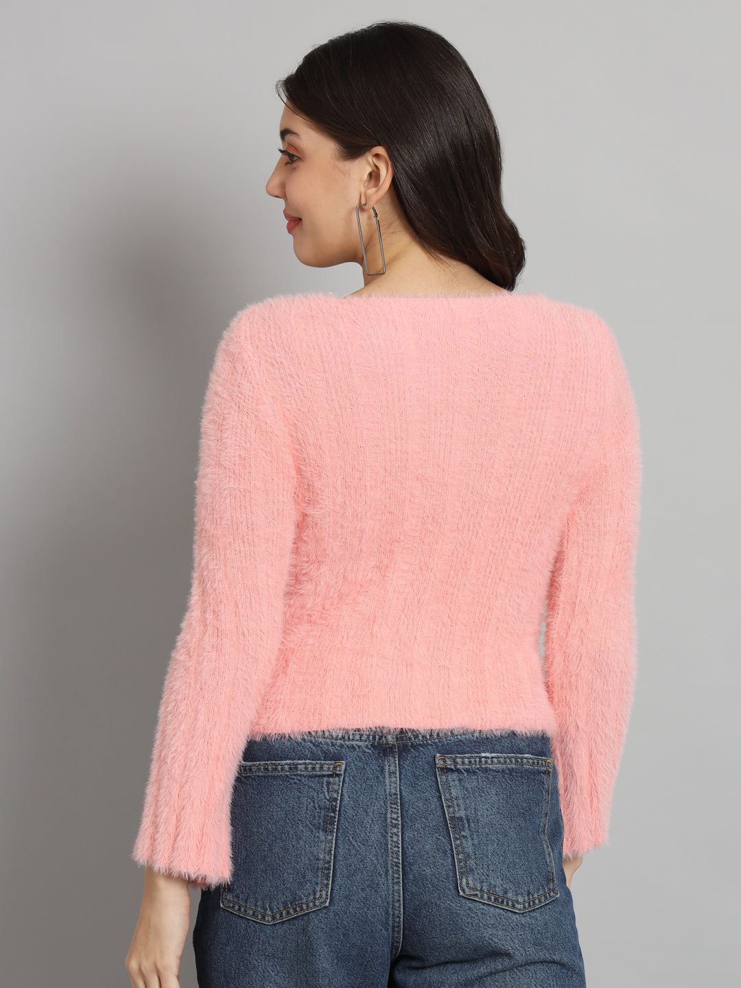 BROOWL Women's Peach Round Neck Fur Sweater