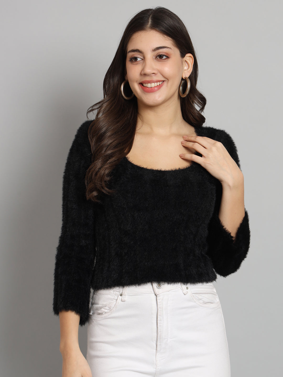 Women's Black Round Neck Fur Sweater