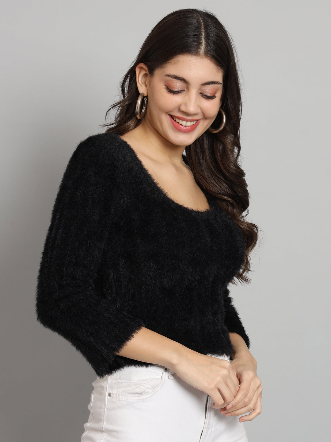 Women's Black Round Neck Fur Sweater