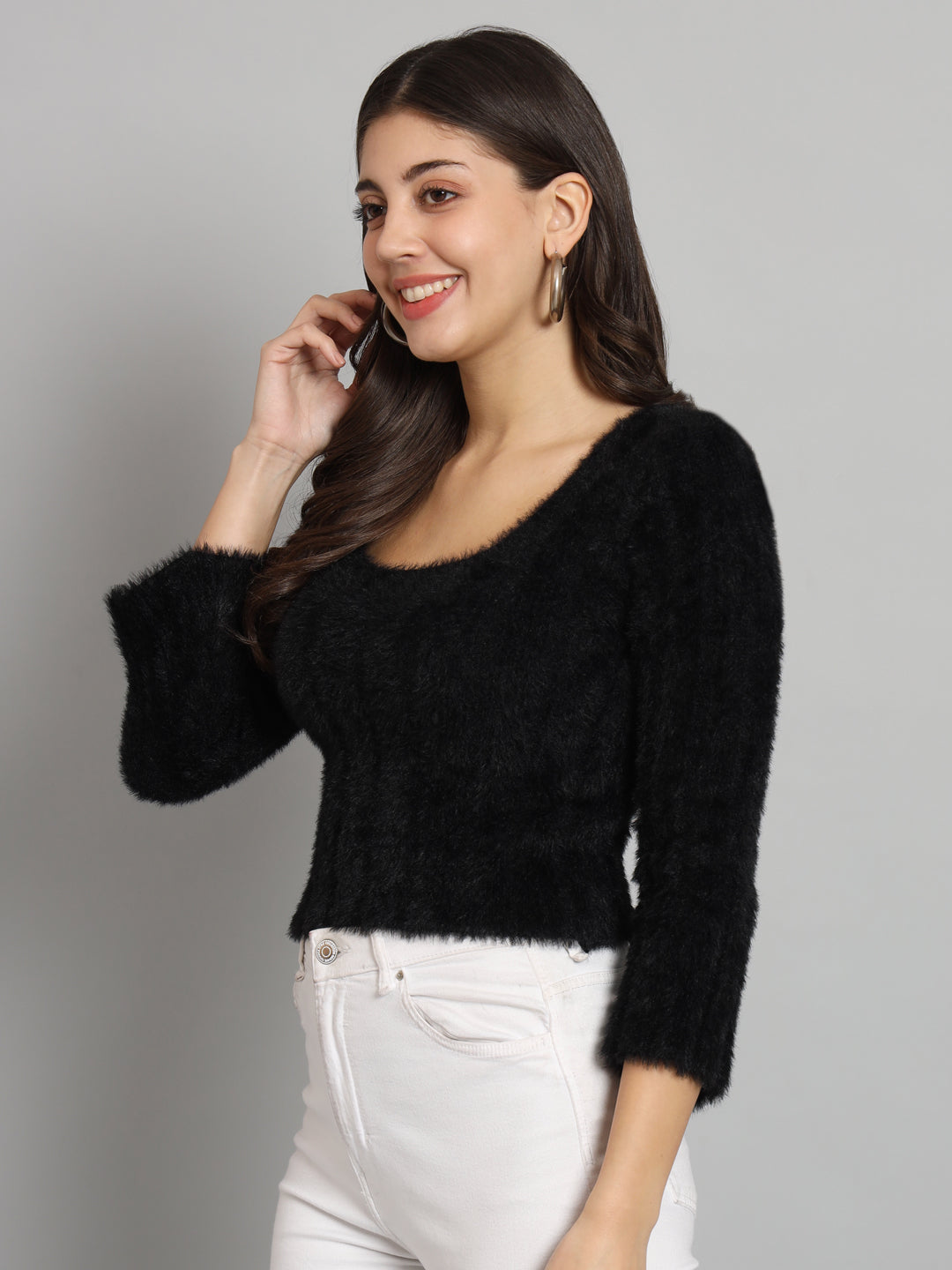 Women's Black Round Neck Fur Sweater