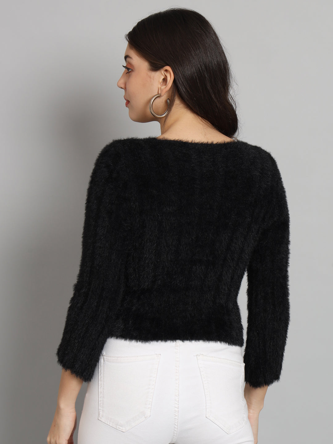 Women's Black Round Neck Fur Sweater