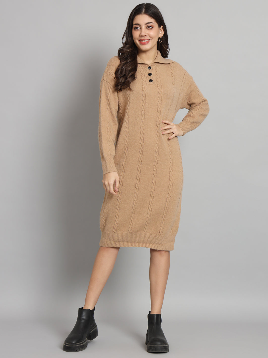 BROOWL Women's Beige Woollen Dress