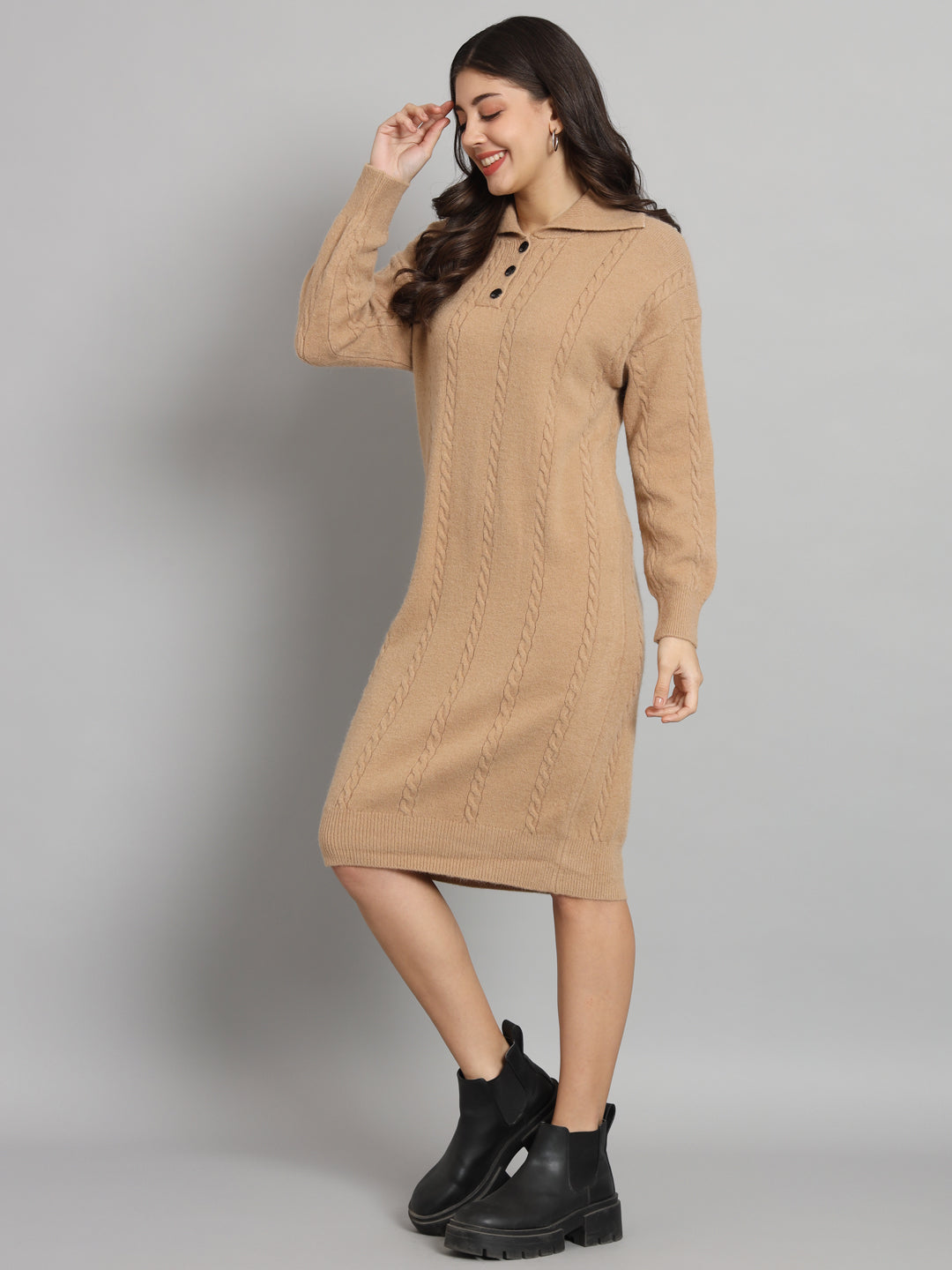 BROOWL Women's Beige Woollen Dress