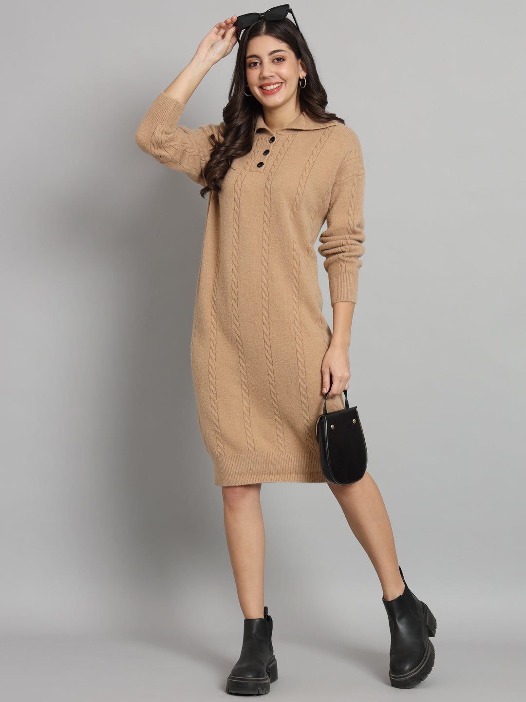 BROOWL Women's Beige Woollen Dress