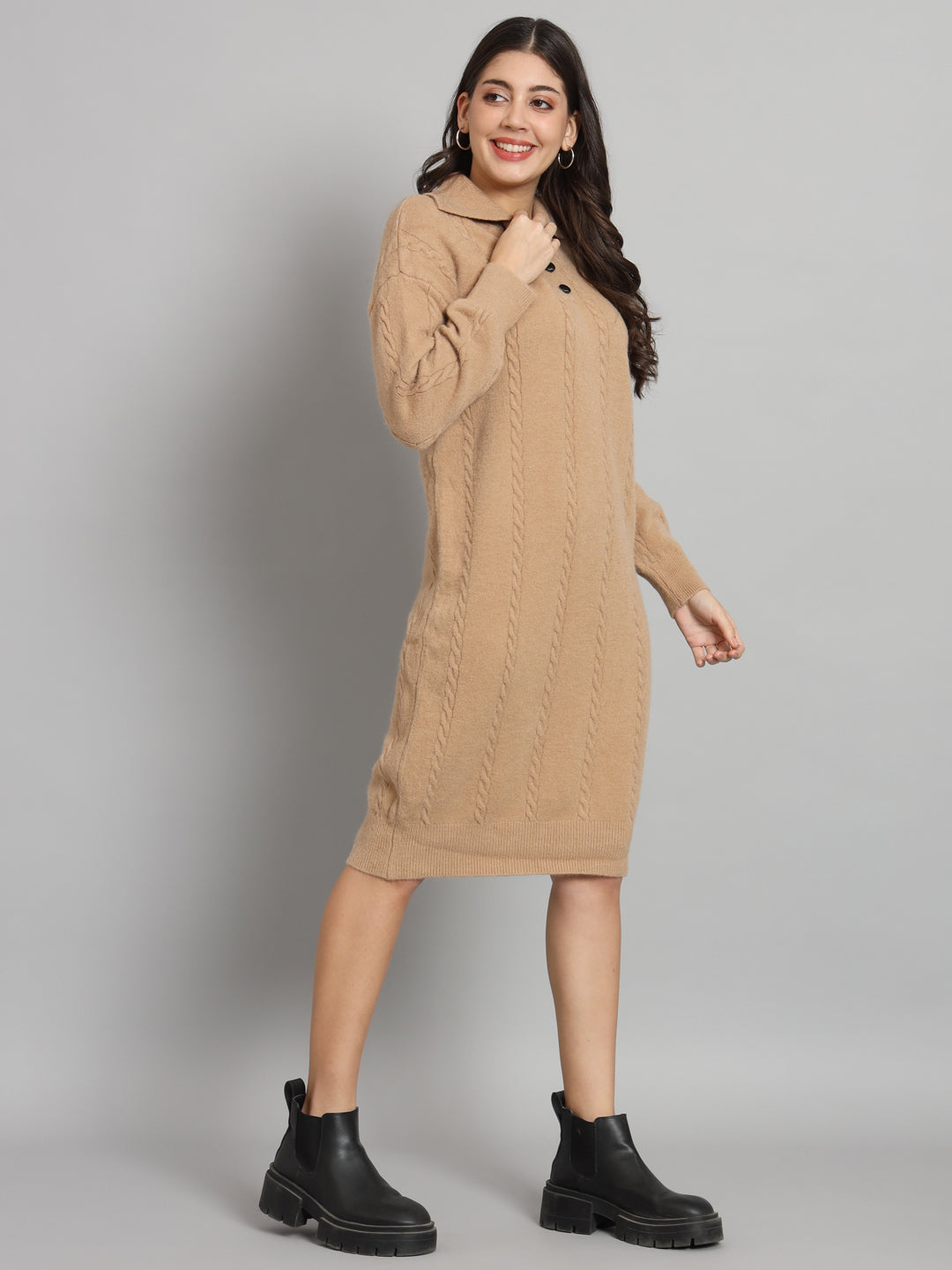 BROOWL Women's Beige Woollen Dress