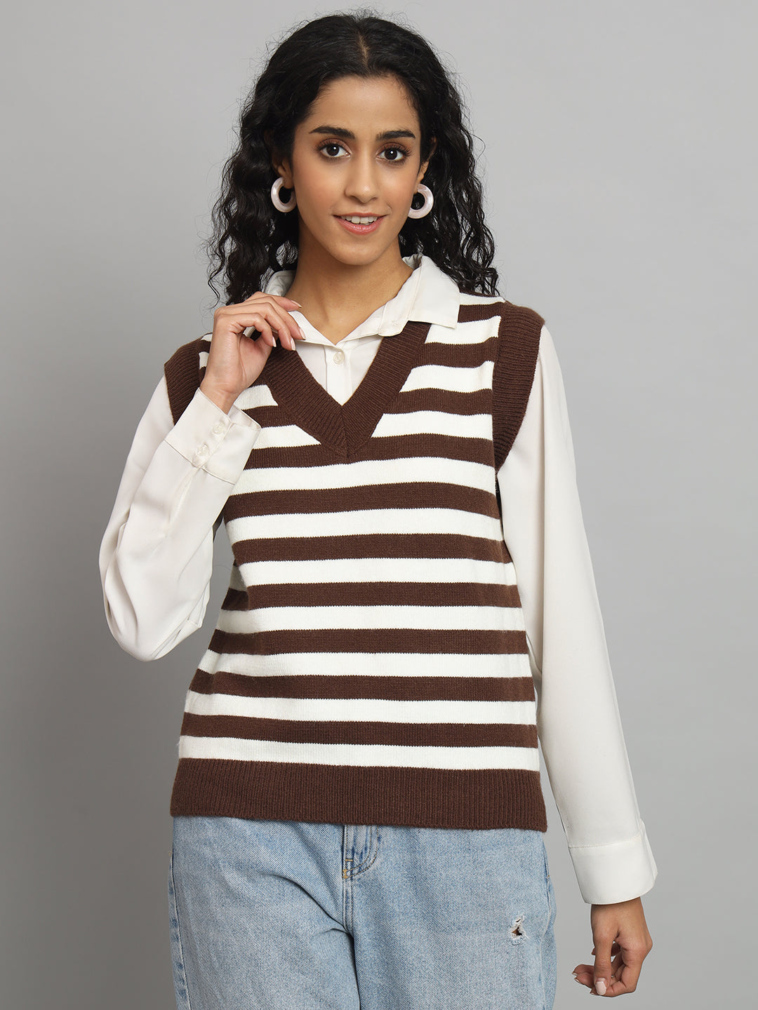 BROOWL Women's Strip Half Sleeve Sweater