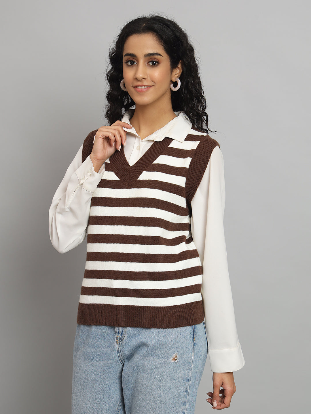 BROOWL Women's Strip Half Sleeve Sweater