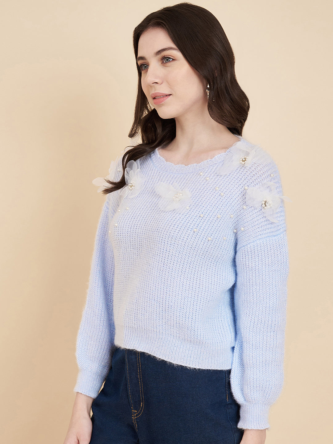 BROOWL Ribbed Embellished Woollen Pullover Sweater