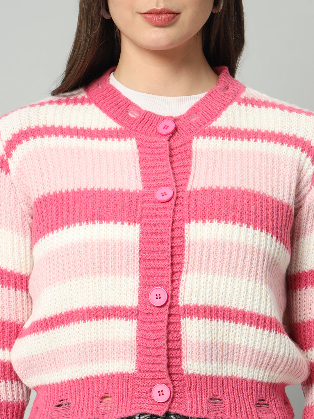 BROOWL Women Pink Striped Woollen Pullover