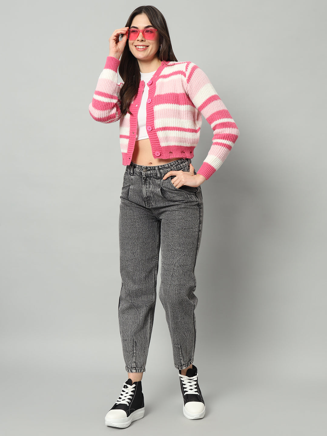 BROOWL Women Pink Striped Woollen Pullover