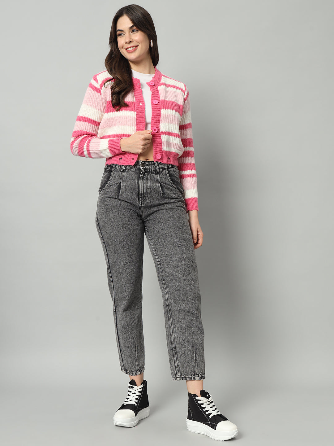 BROOWL Women Pink Striped Woollen Pullover